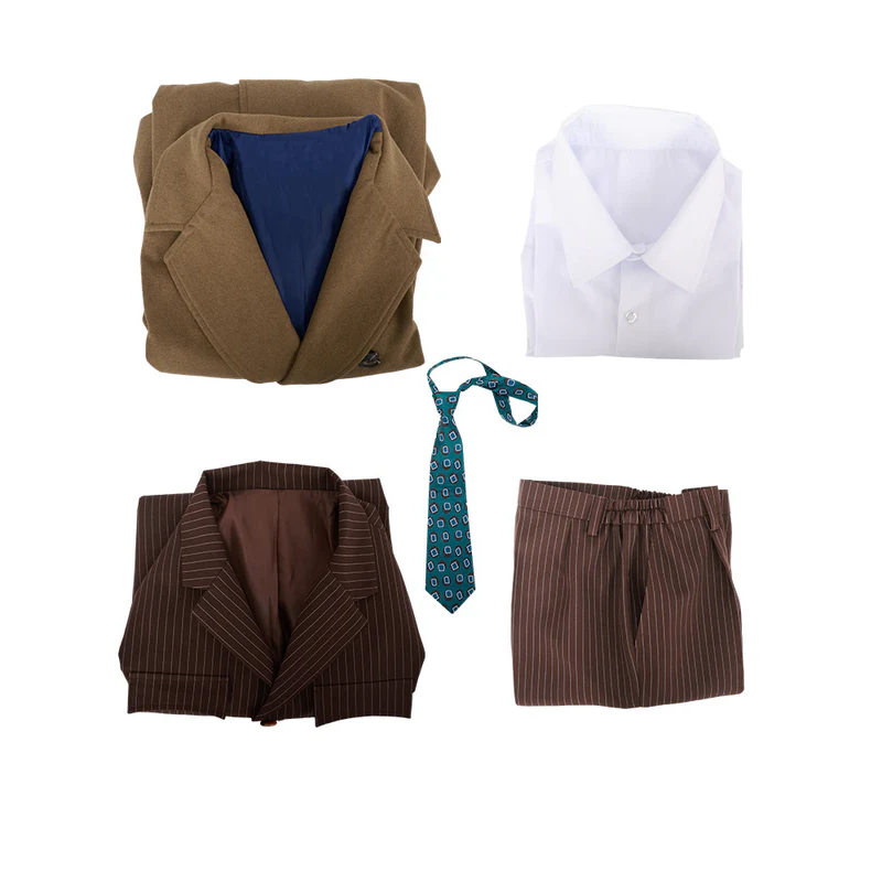 Custom Made The 10th Doctor Outfit Cosplay Costume with Brown Coat and Striped Suit (12)
