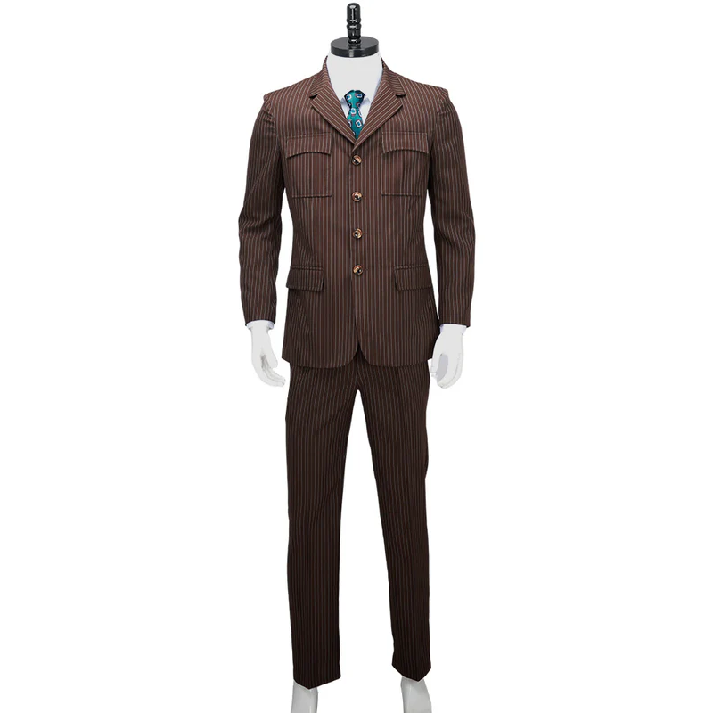 Custom Made The 10th Doctor Outfit Cosplay Costume with Brown Coat and Striped Suit (6)